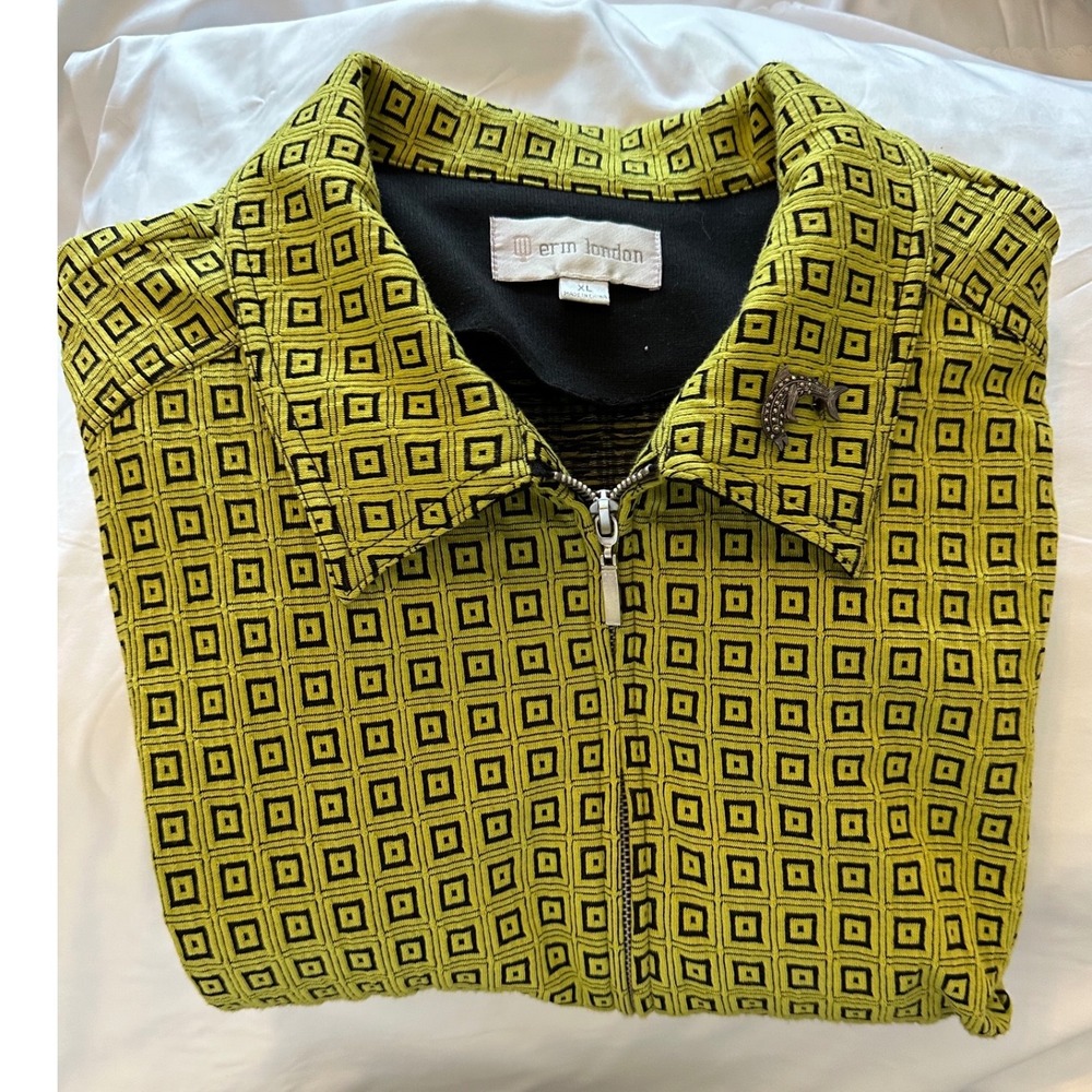 Erin London Chartreuse Yellow Black Geometric Square Knit Zip Up Jacket XL
